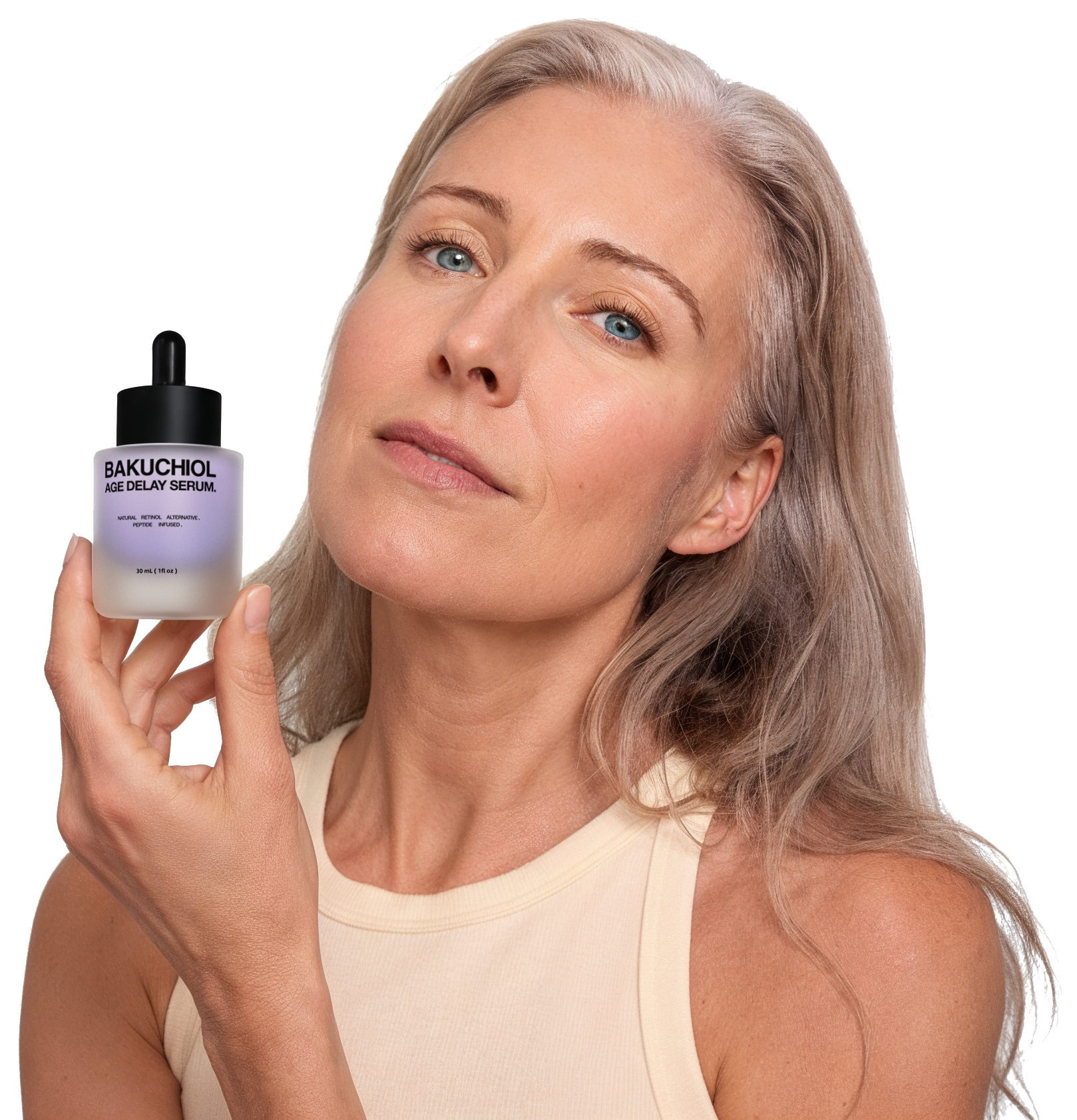 Woman holding Bakuchiol Age Delay Serum bottle